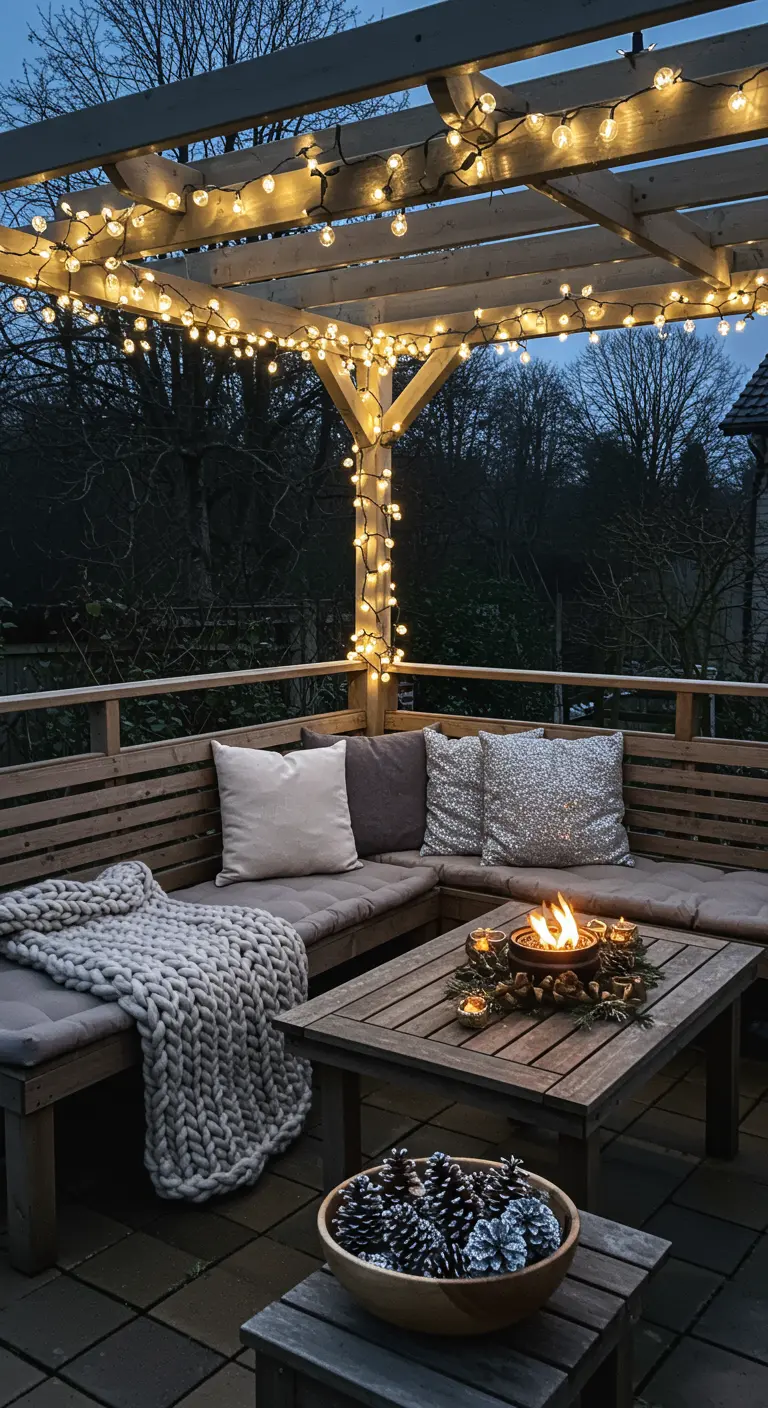 Terrasse en bois illuminée de guirlandes, avec un plaid en grosse maille et un feu de table.