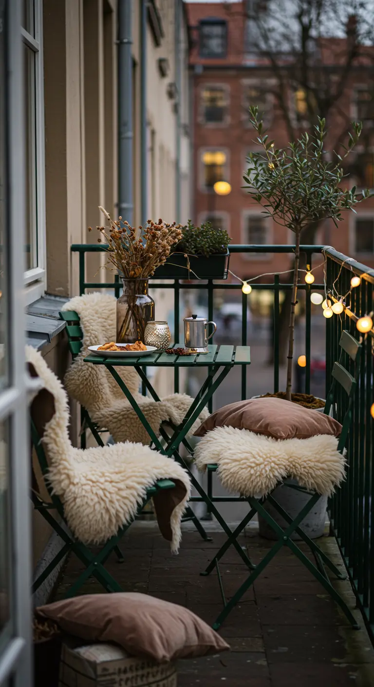 Petit balcon cosy avec chaises bistrot recouvertes de peaux de mouton, guirlande lumineuse et fleurs séchées.