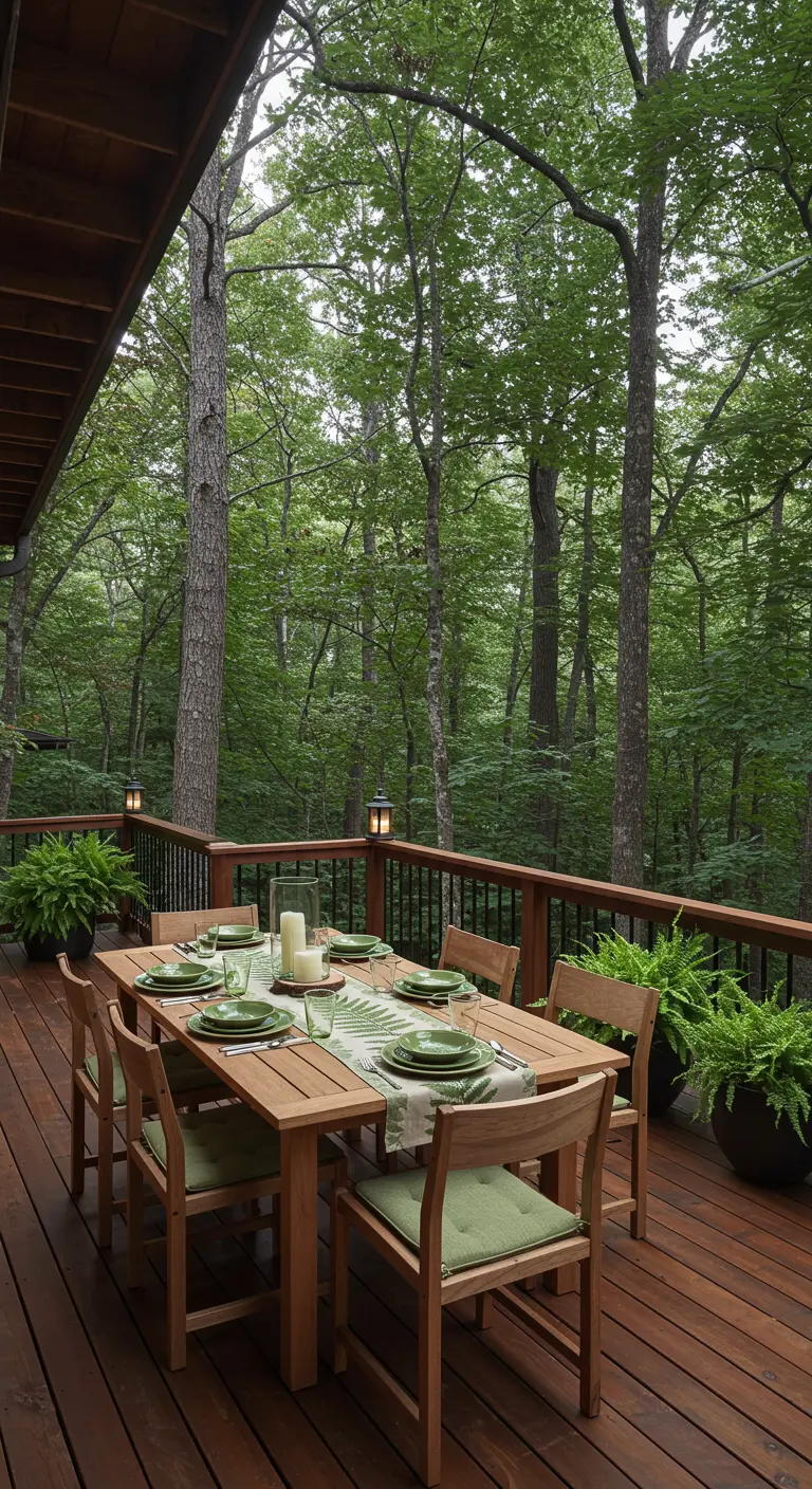 Table en bois sur terrasse entourée d'arbres, vaisselle verte et fougères en pots.