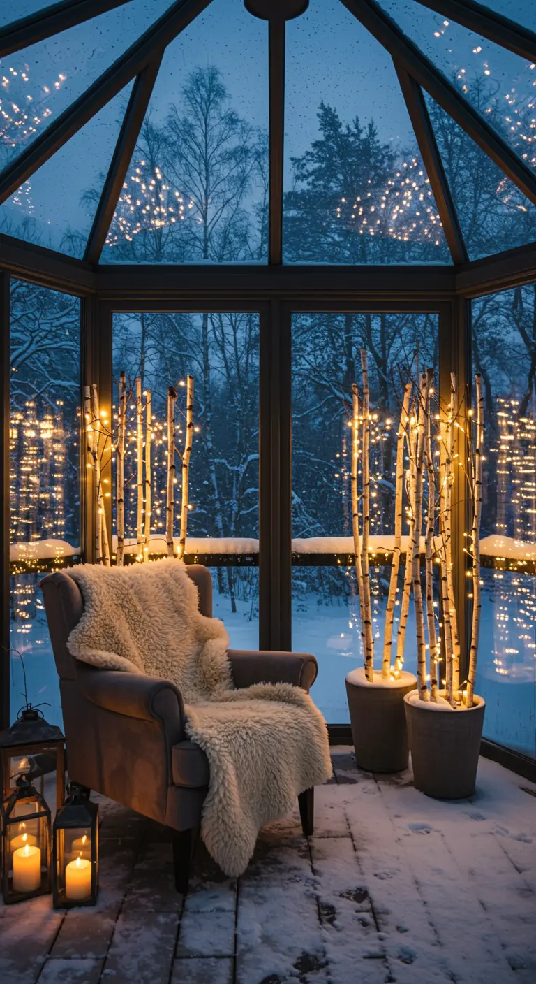 Véranda en hiver avec un fauteuil confortable et des branches de bouleau illuminées par des guirlandes.