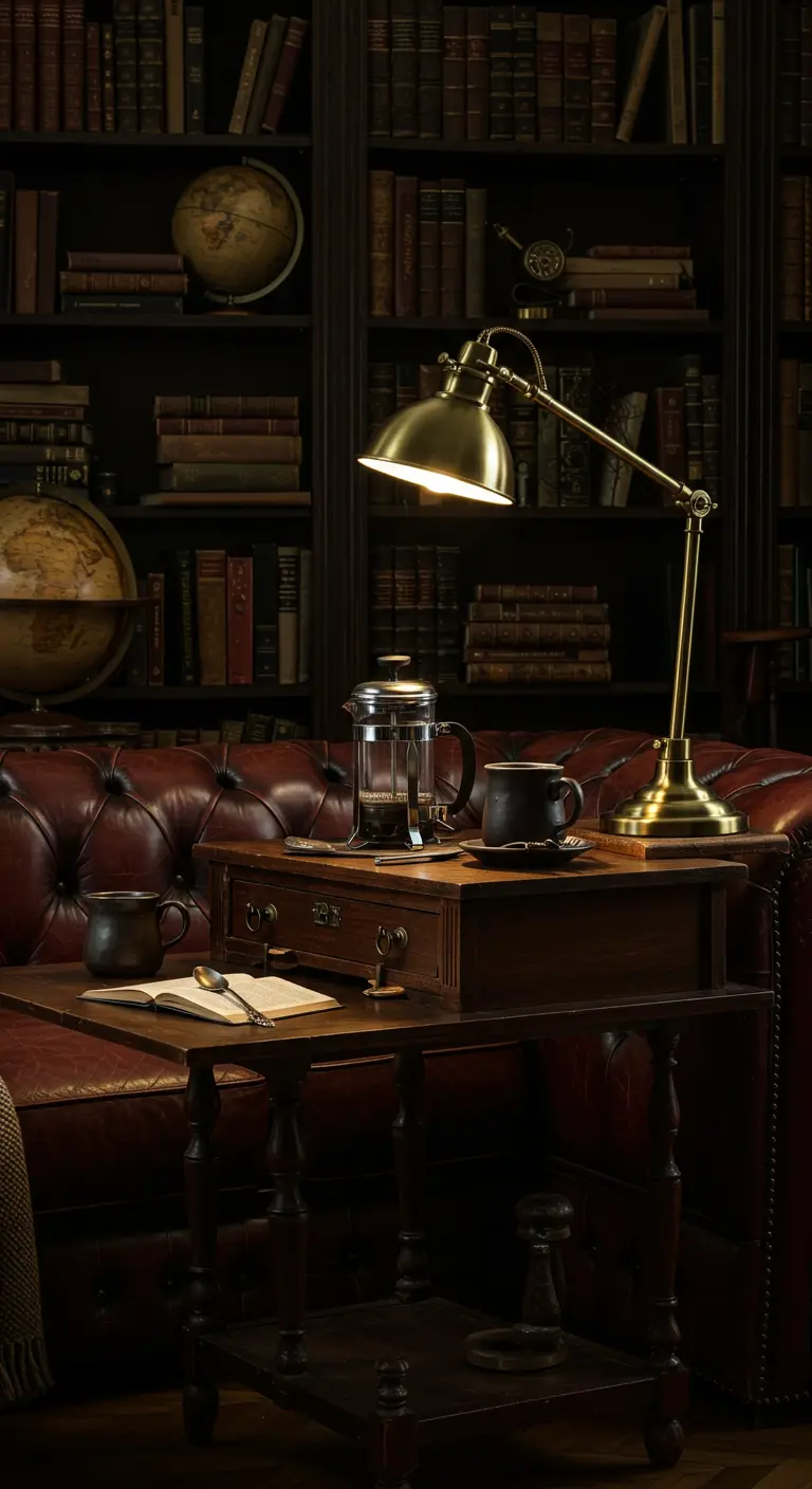Coin café dans une bibliothèque sombre avec fauteuil en cuir et lampe en laiton.