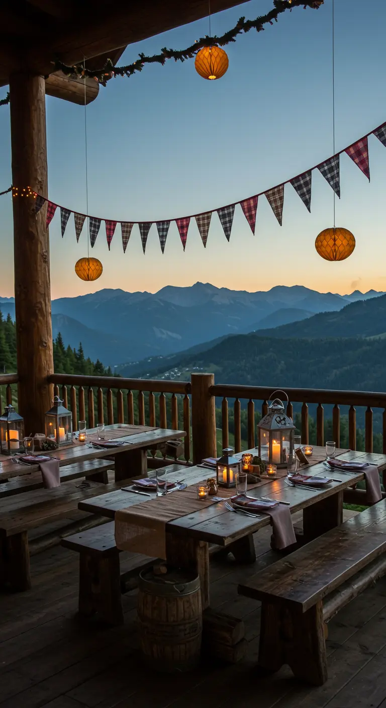 Dîner sur une terrasse de montagne avec tables en bois, lampions orangés, fanions et vue sur les montagnes.