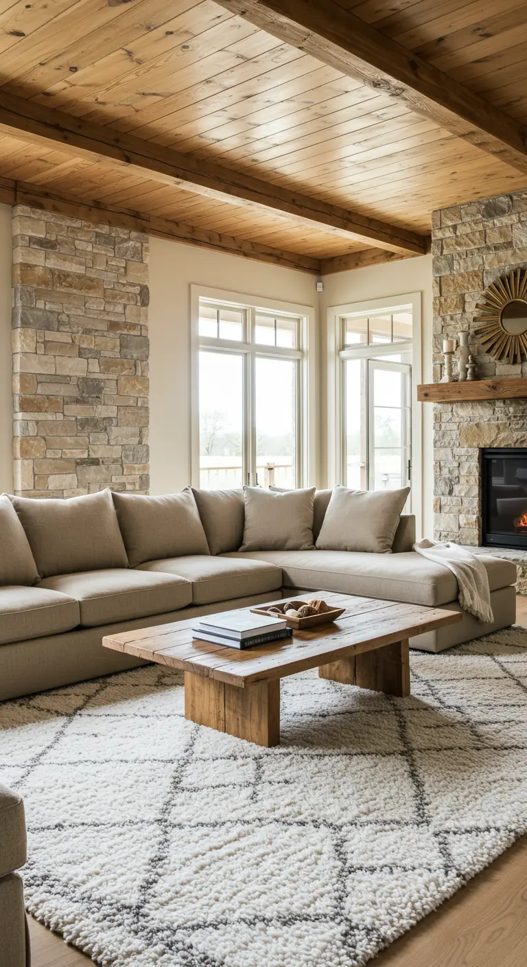 Salon rustique avec cheminée en pierre, plafond en bois et grand tapis berbère.