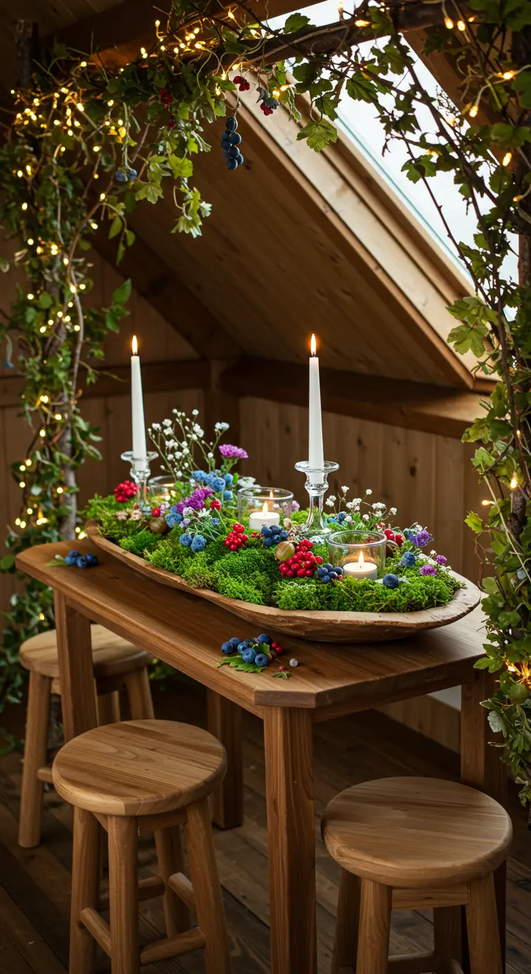 Centre de table boisé avec mousse, fleurs, bougies et baies sous des guirlandes lumineuses, ambiance mansardée.