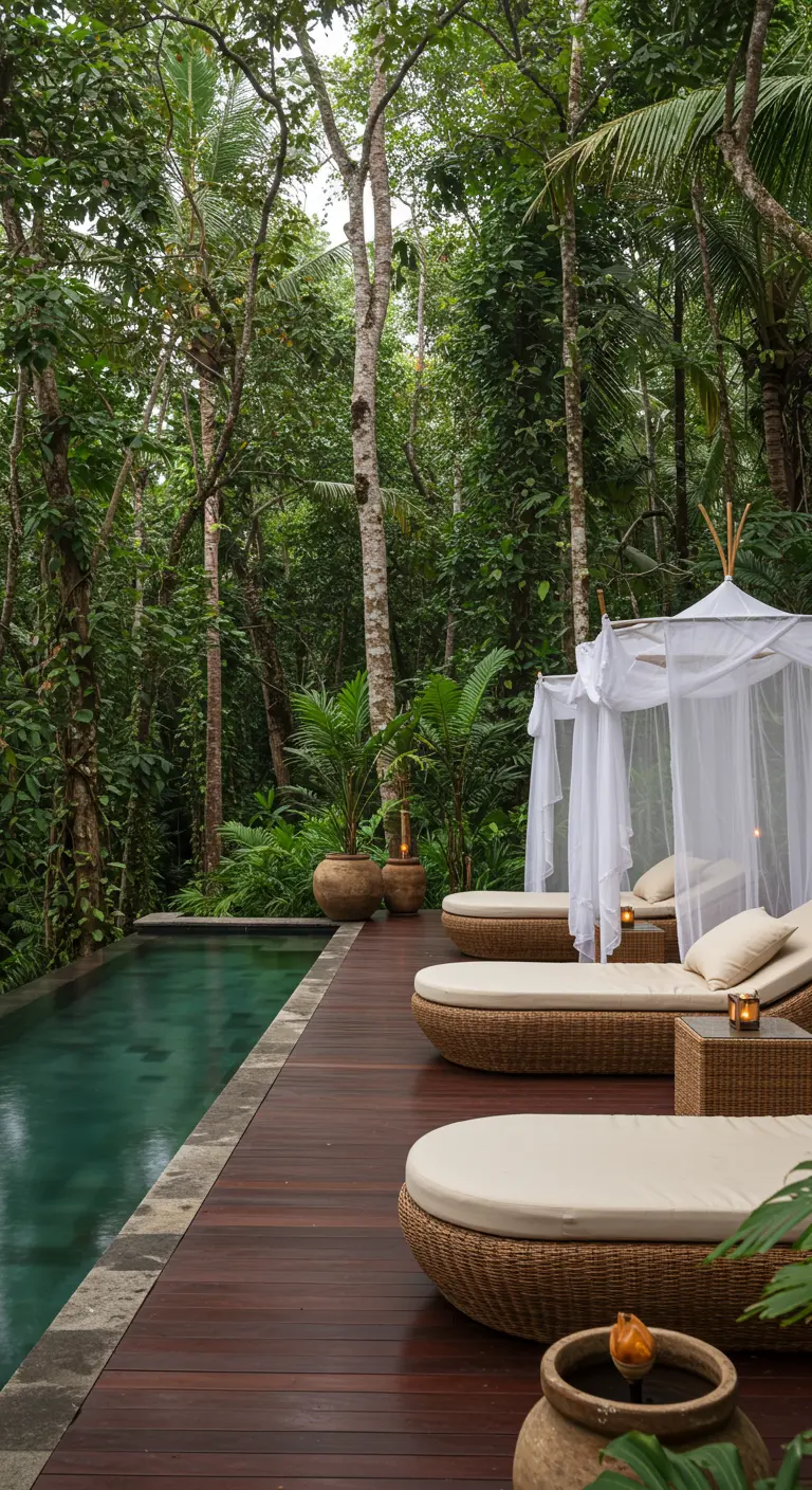 Piscine tropicale bordée d'un deck en bois, chaises longues tressées et voilages blancs.