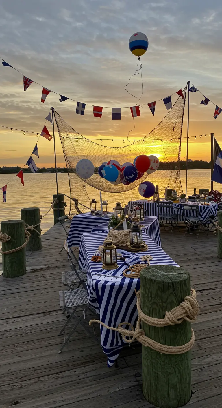 Tables avec nappes à rayures sur un ponton, décorées de drapeaux nautiques.