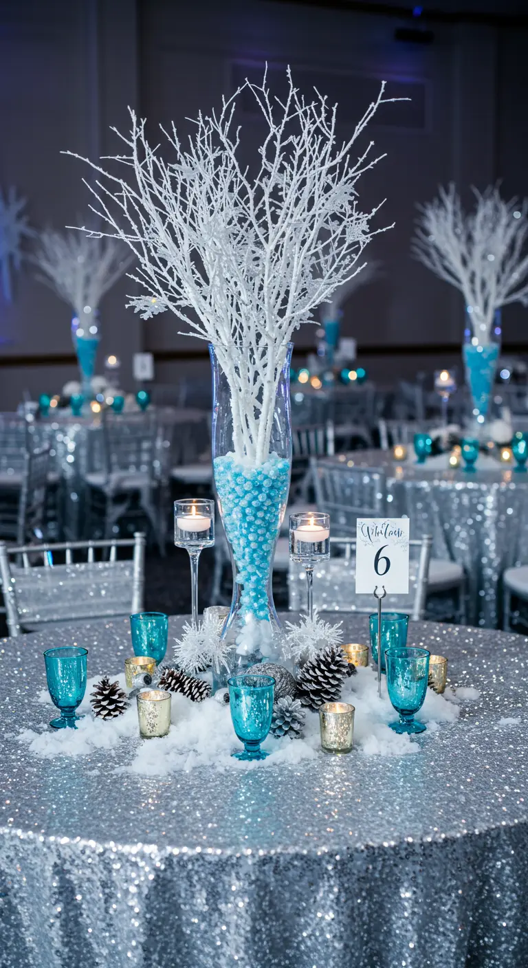 Centre de table haut avec branches blanches, perles bleues et nappe à paillettes.