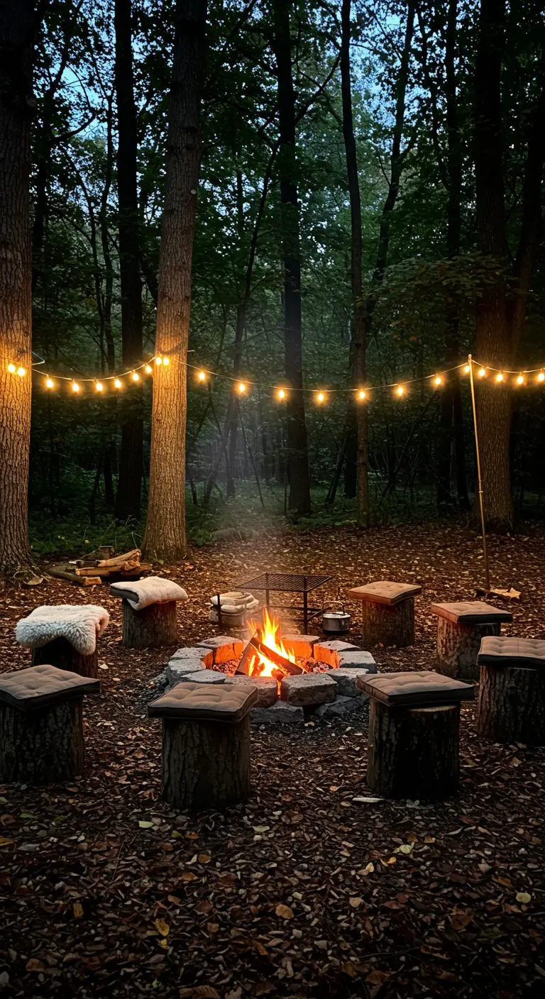 Foyer en forêt avec des sièges en rondins et des guirlandes lumineuses.