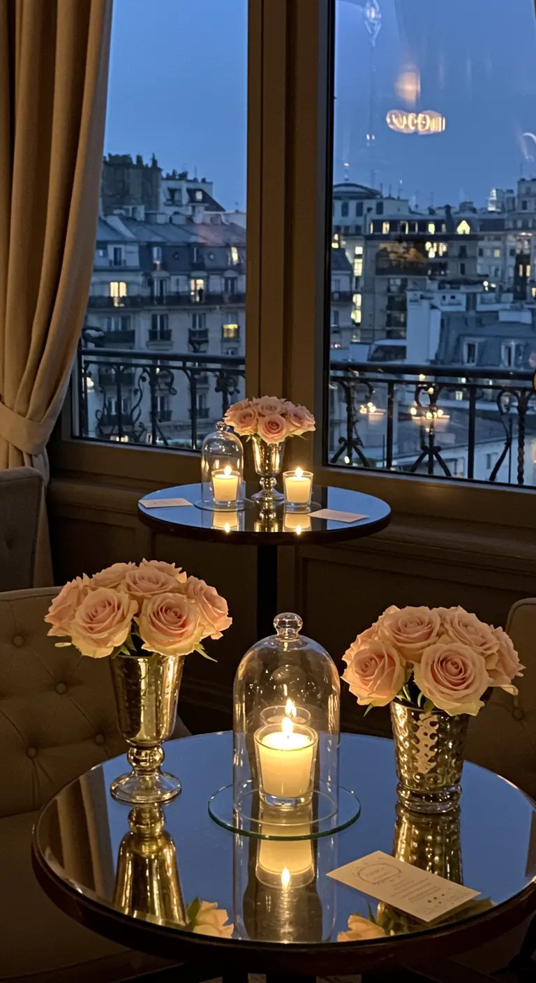 Petites tables de café avec roses roses et bougies sous cloche, vue sur Paris.