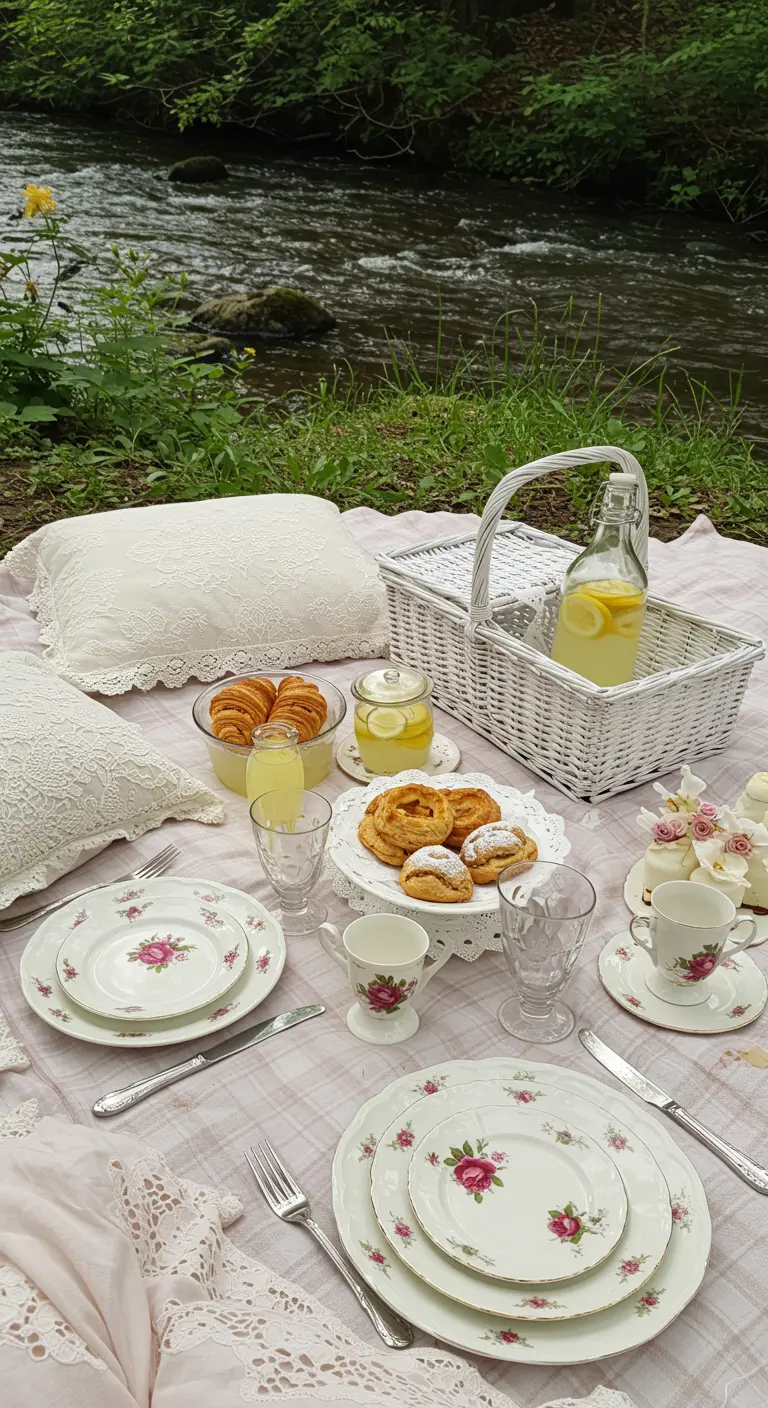 Pique-nique romantique au bord d'une rivière avec de la vaisselle à fleurs roses.