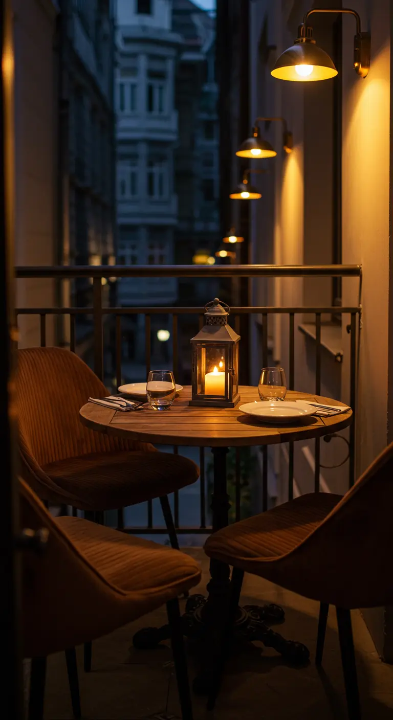 Petit balcon avec table ronde, chaises, lanterne à bougie et éclairage mural doux la nuit.