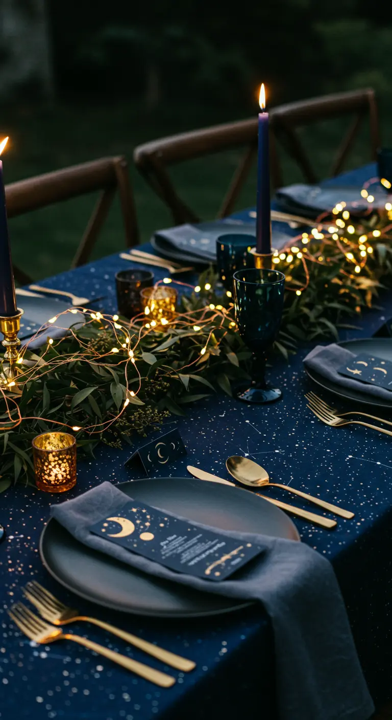 Table de mariage thème céleste avec nappe étoilée et guirlandes lumineuses.
