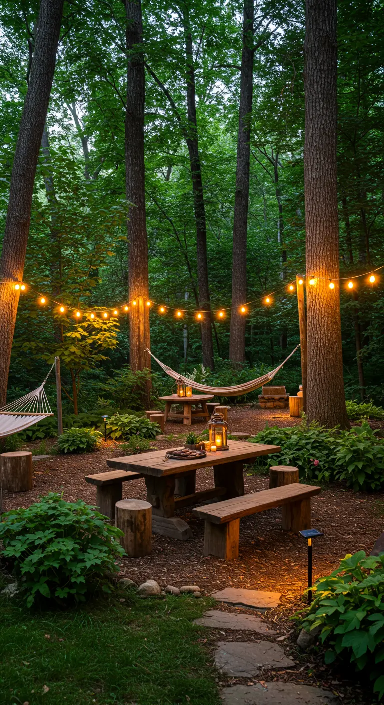 Table et bancs en bois dans un sous-bois éclairé de guirlandes et lanternes, avec des hamacs.