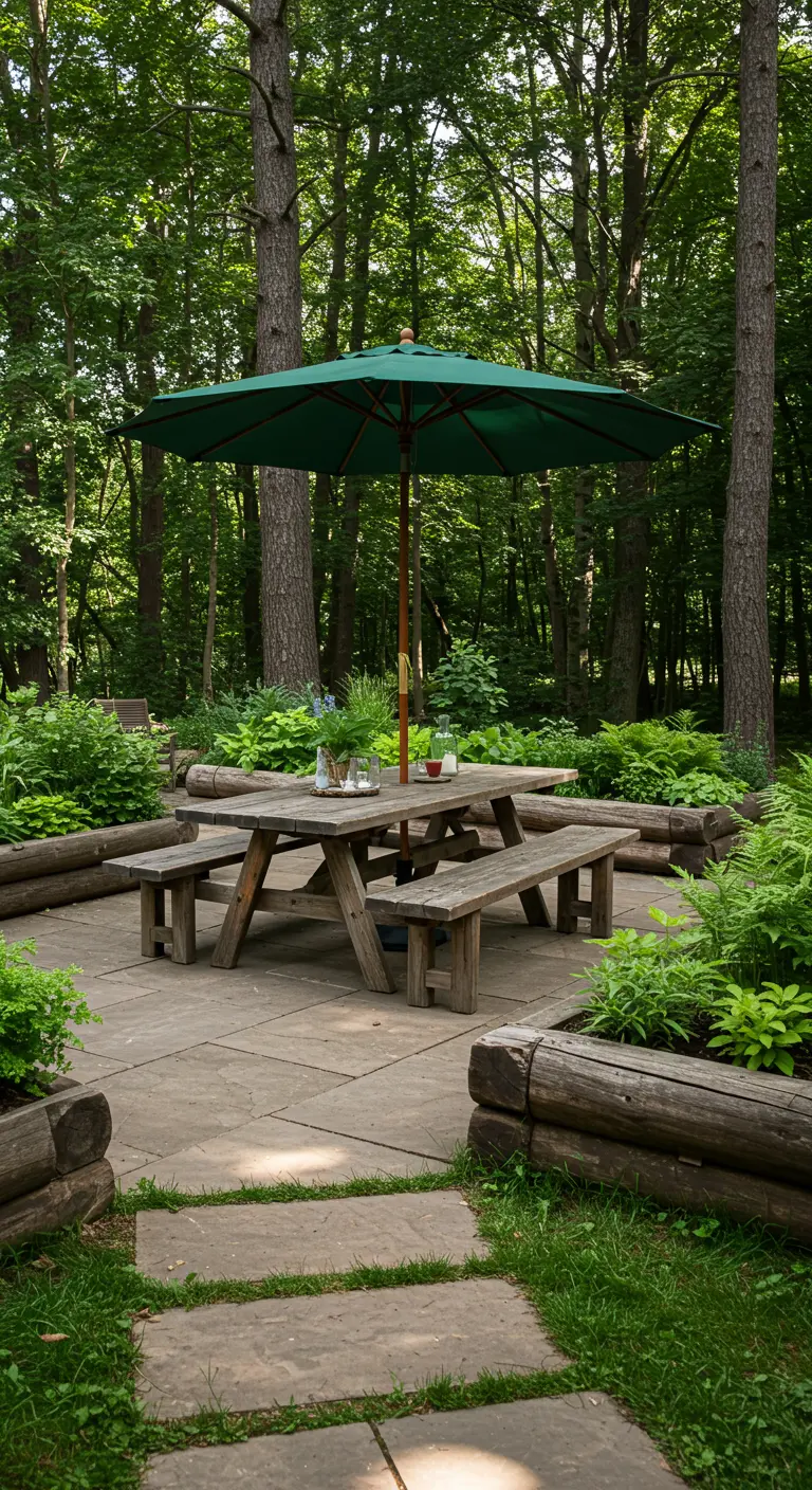 Salle à manger de jardin rustique sous les arbres avec parasol vert et table de pique-nique.
