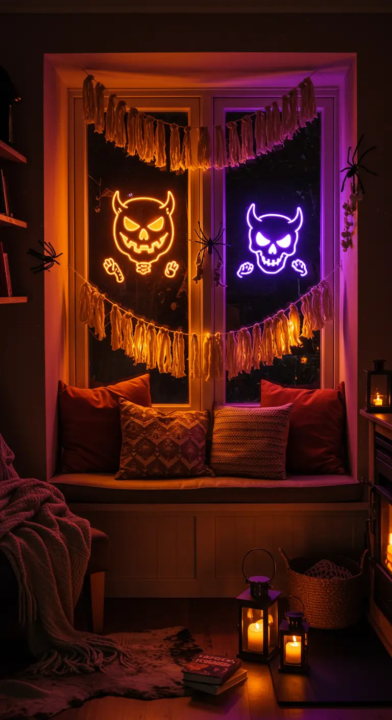Banquette de fenêtre avec têtes de démons lumineuses, guirlandes de pompons et lanternes.