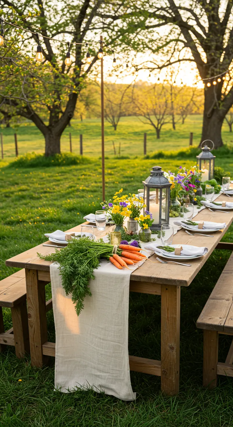 Chemin de table en lin naturel, bottes de carottes, herbes, lanternes sur table en bois extérieure.