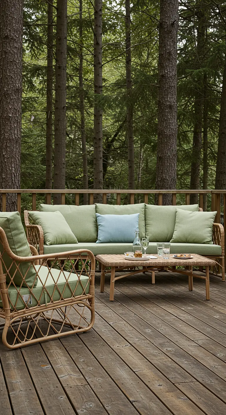Salon de jardin en rotin naturel avec des coussins vert sauge et bleu ciel sur une terrasse en bois dans la forêt.