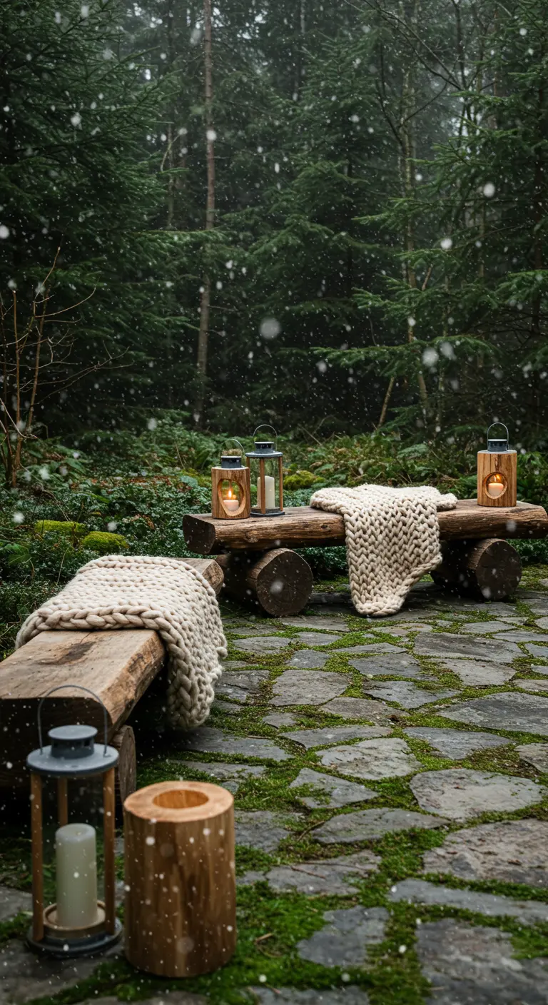 Bancs rustiques en rondins avec des plaids dans une forêt moussue.