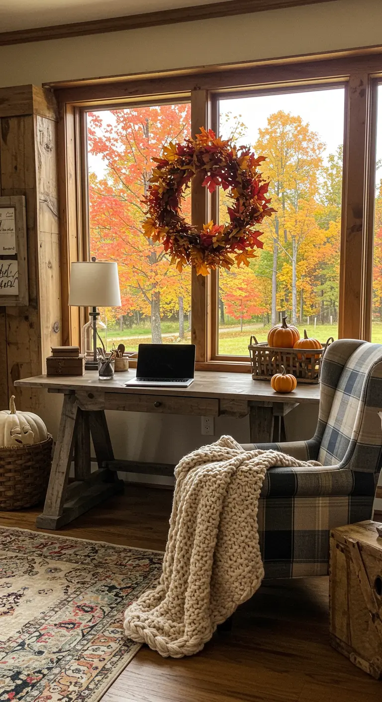 Bureau rustique devant une fenêtre avec une couronne de feuilles d'automne et des citrouilles.