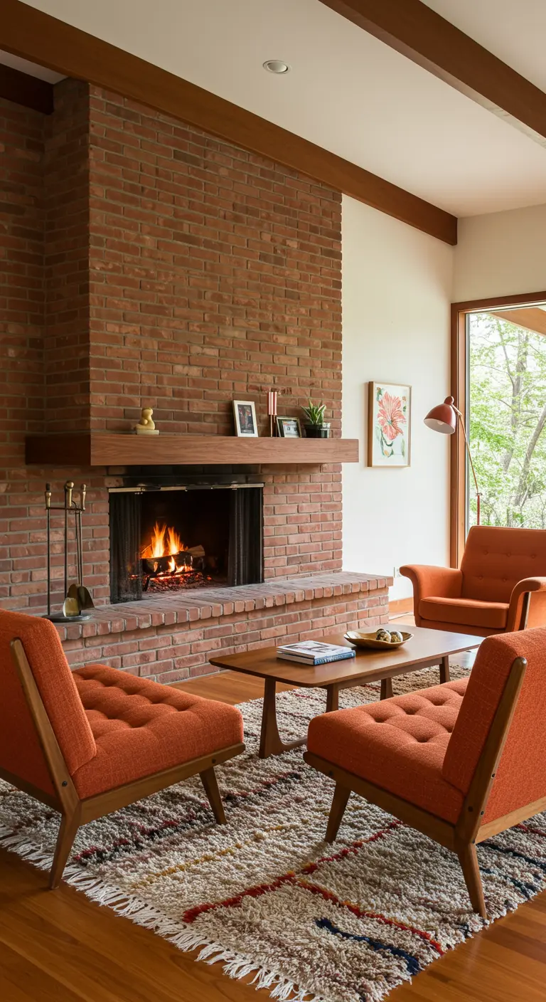 Salon d'inspiration Mid-Century avec cheminée en brique et fauteuils orange.