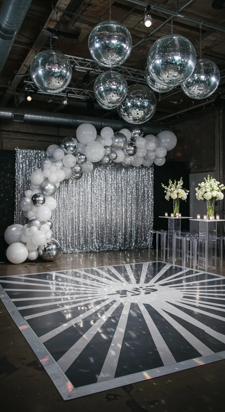 Salle de fête argentée avec boules disco, arche de ballons blancs et piste de danse géométrique.