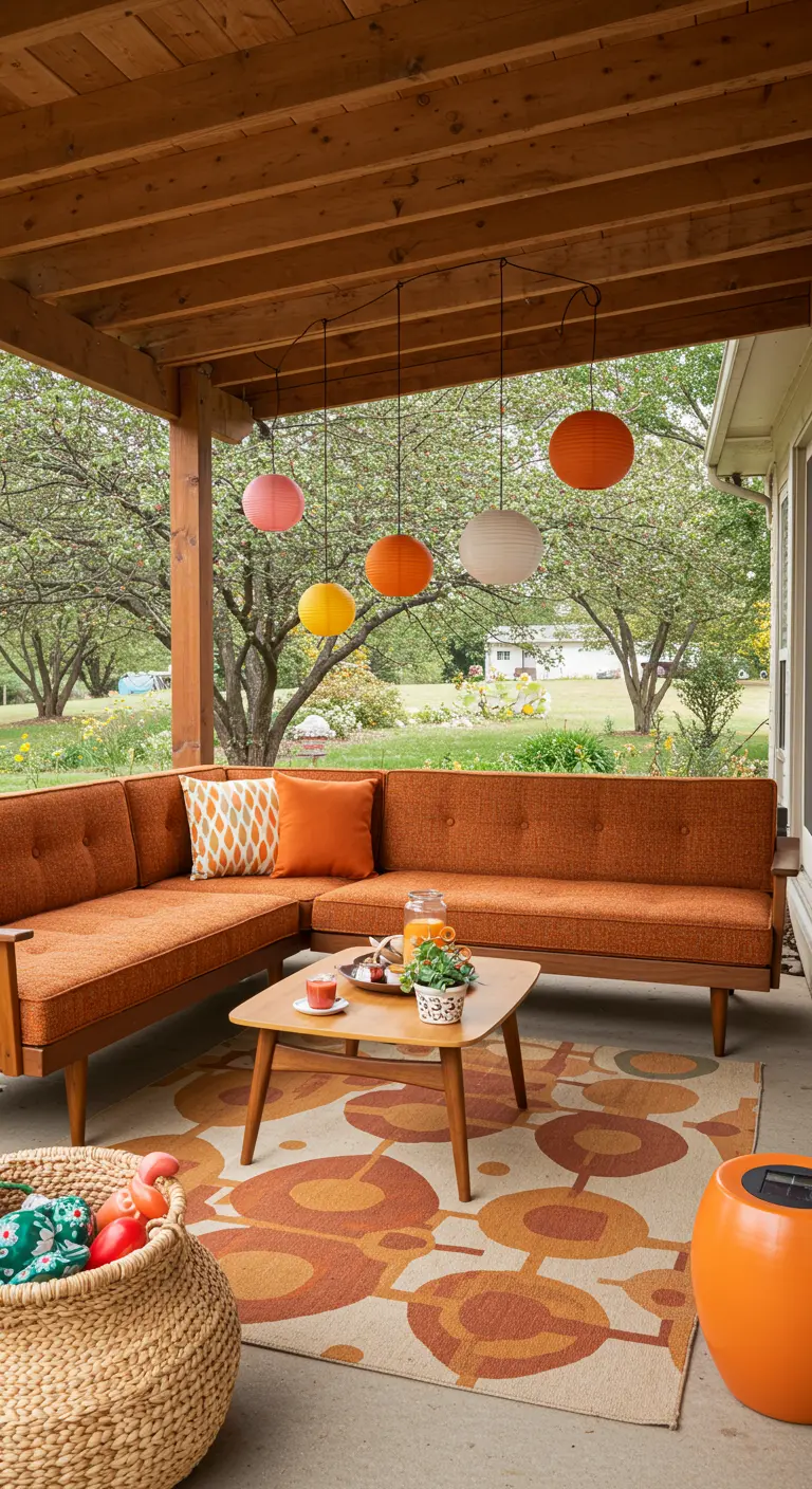 Canapé d'angle orange de style Mid-Century sous un porche, avec un tapis et des lampions colorés.