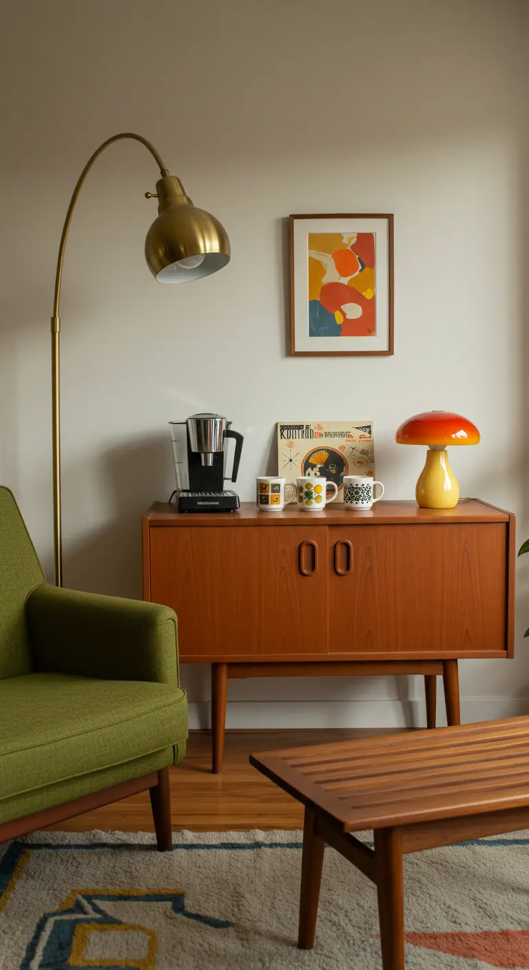 Buffet vintage en teck avec cafetière, tasses rétro, lampe orange et cadre mural.