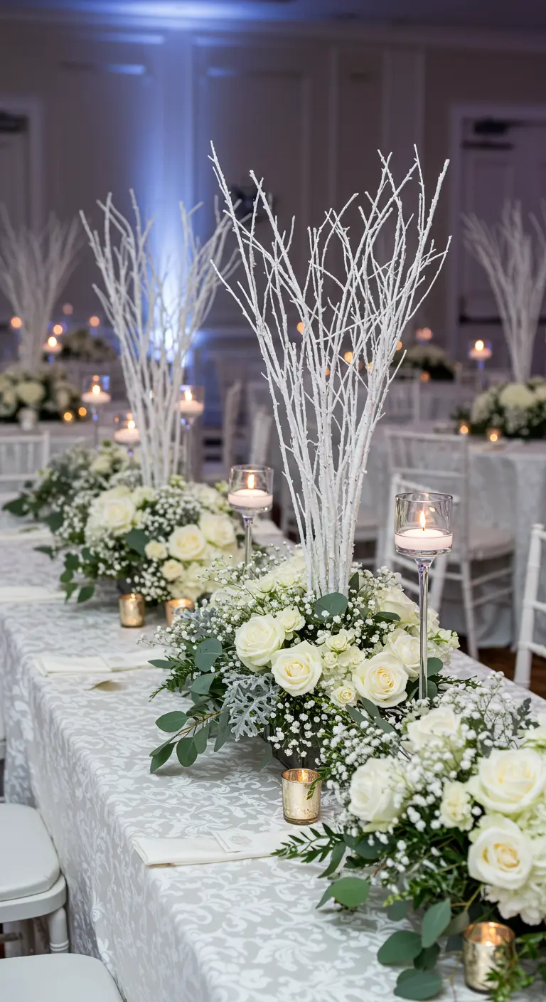 Composition florale blanche avec roses, gypsophile et hautes branches blanches sur une table.