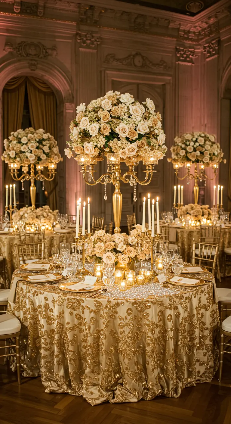 Table de réception opulente avec nappe dorée brodée, roses champagne et cristaux.