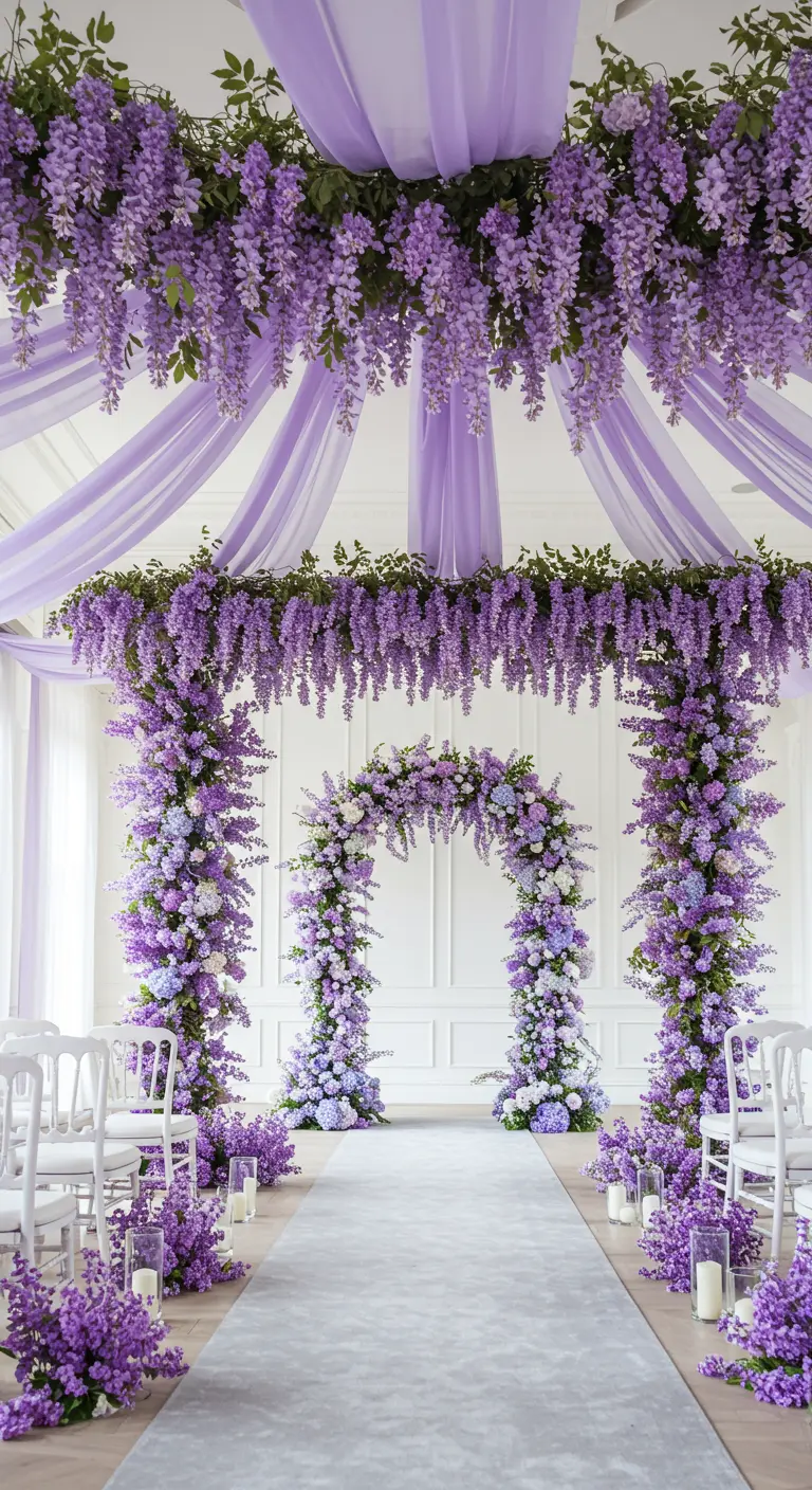 Décor de cérémonie avec arches et plafond de glycines violettes.