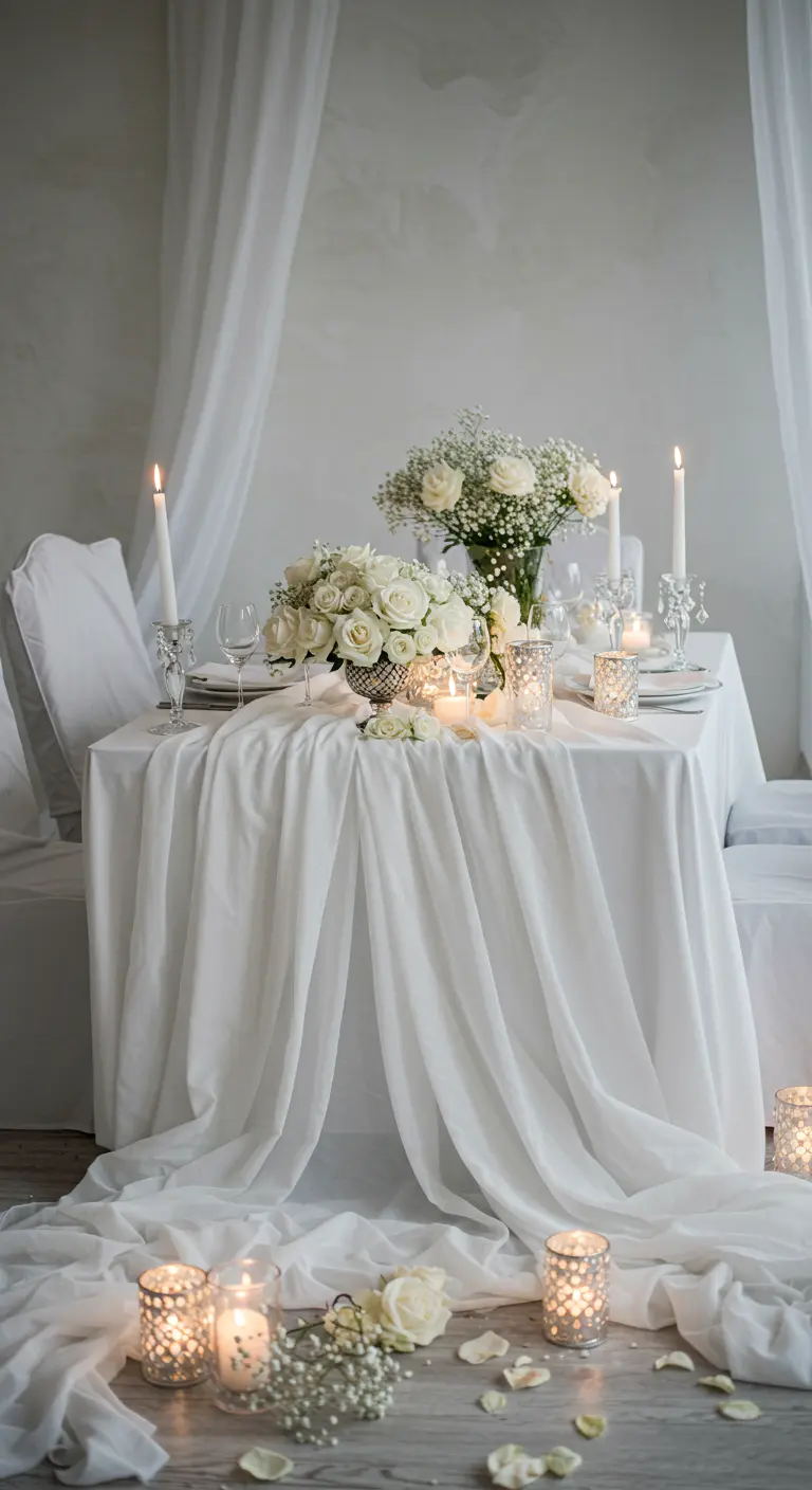 Table de dîner blanche et aérienne, drapée de voiles, avec des fleurs blanches et des bougies.