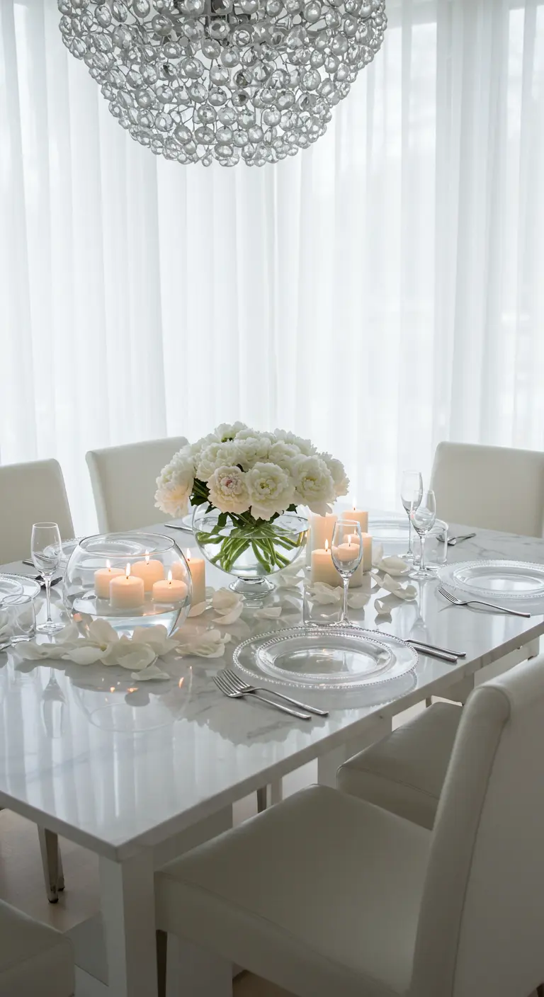 Table de dîner blanche et épurée avec un grand bouquet de pivoines et des bougies flottantes.