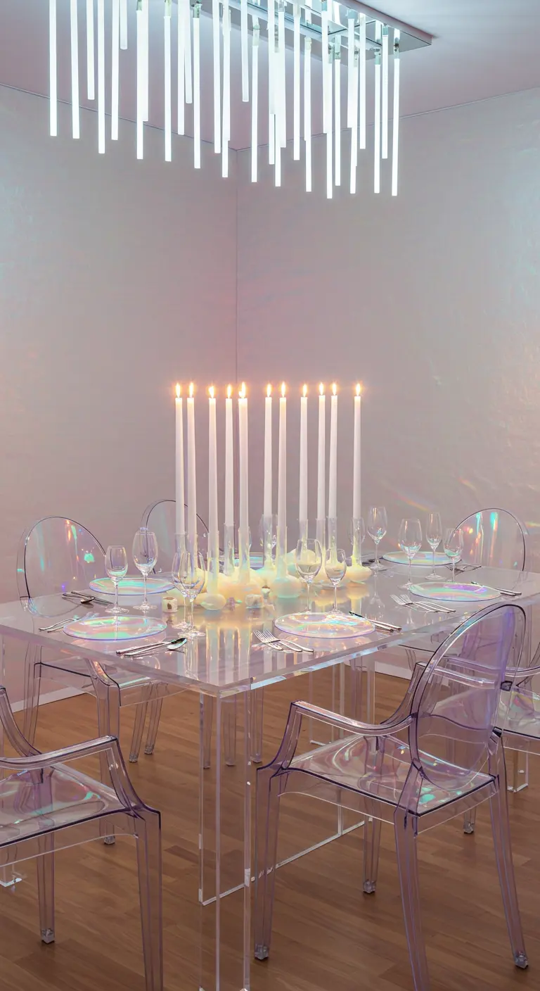Table à manger futuriste avec des chaises et une table en acrylique iridescent, éclairée par des bougies.