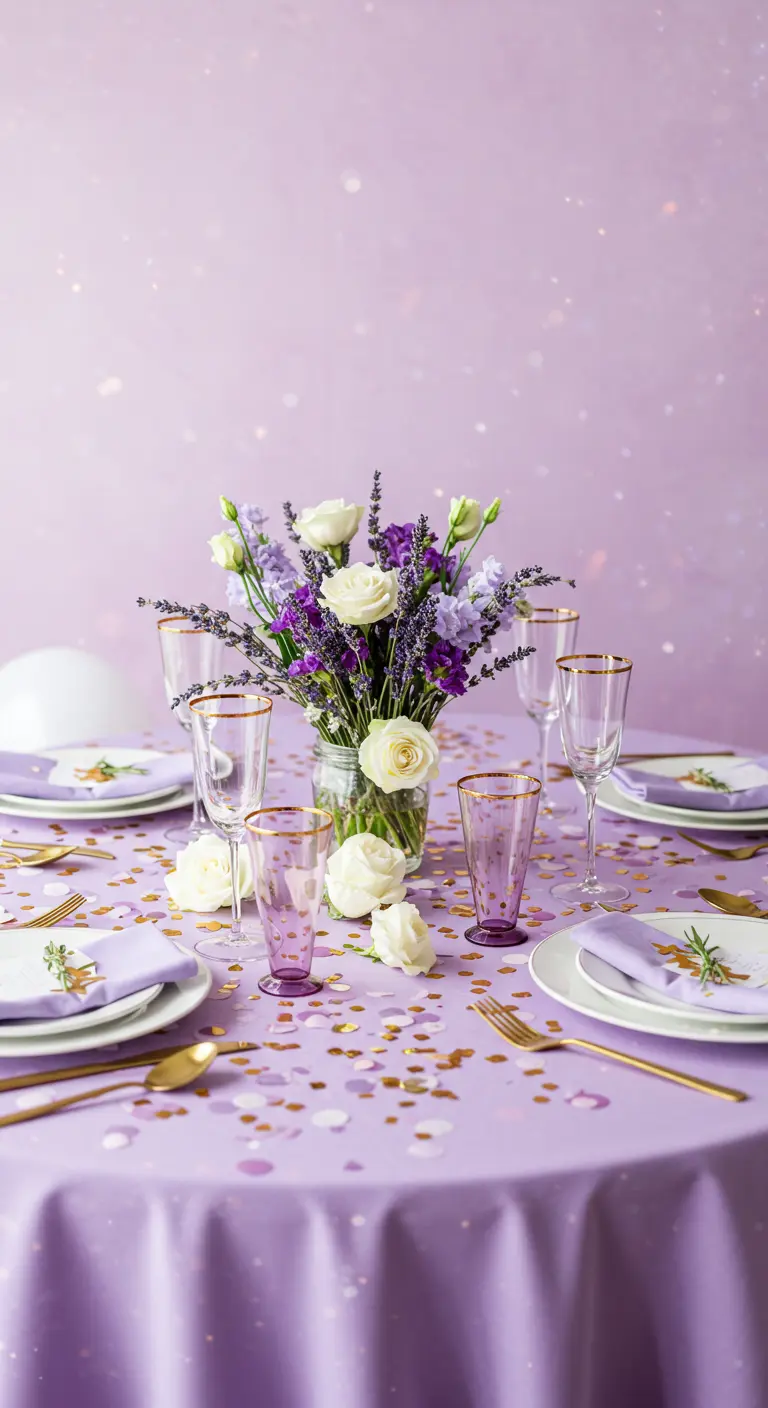 Table de fête dans les tons lavande et or avec un bouquet de roses et de lavande.