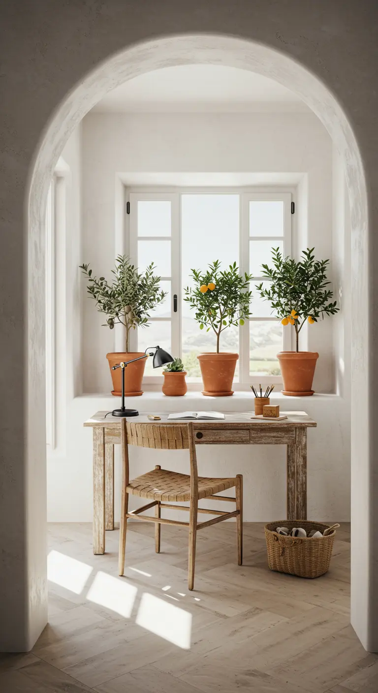 Bureau en bois sous une fenêtre avec trois pots d'agrumes en terre cuite, dans une pièce blanche.