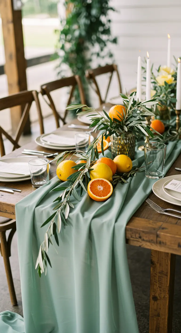 Table de mariage avec un chemin de table vert sauge, des branches d'olivier et des agrumes.