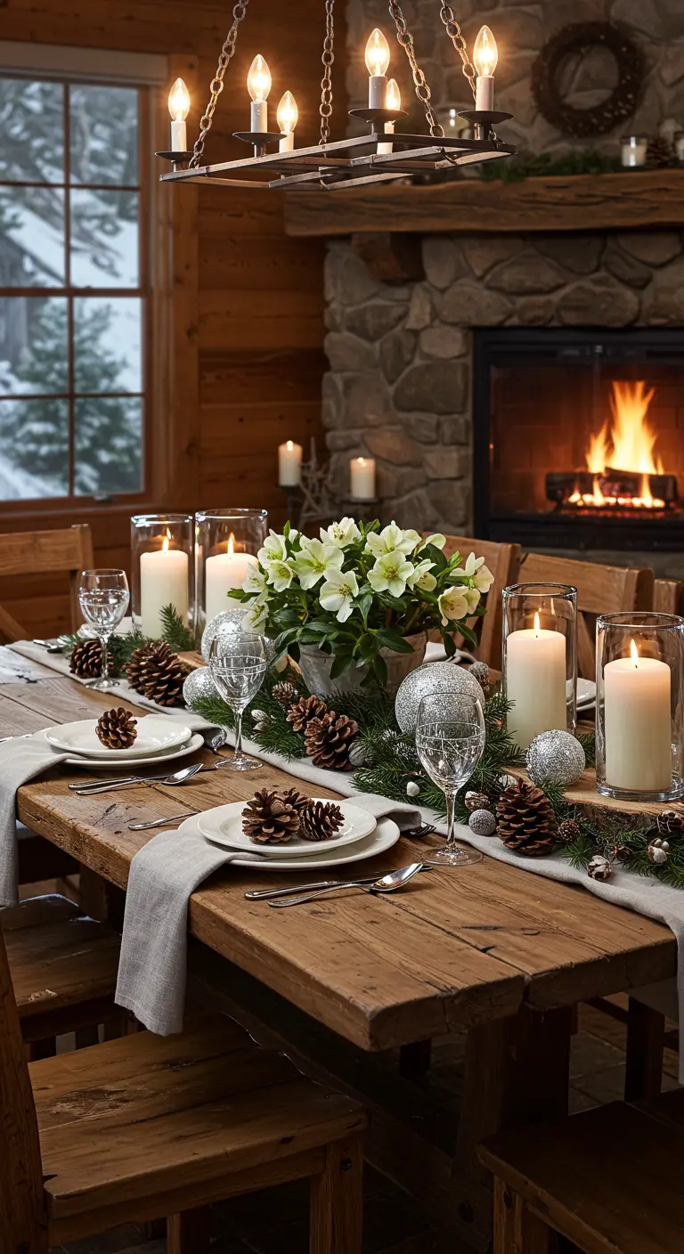 Table en bois rustique avec chemin de table en sapin, bougies et fleurs blanches devant une cheminée.