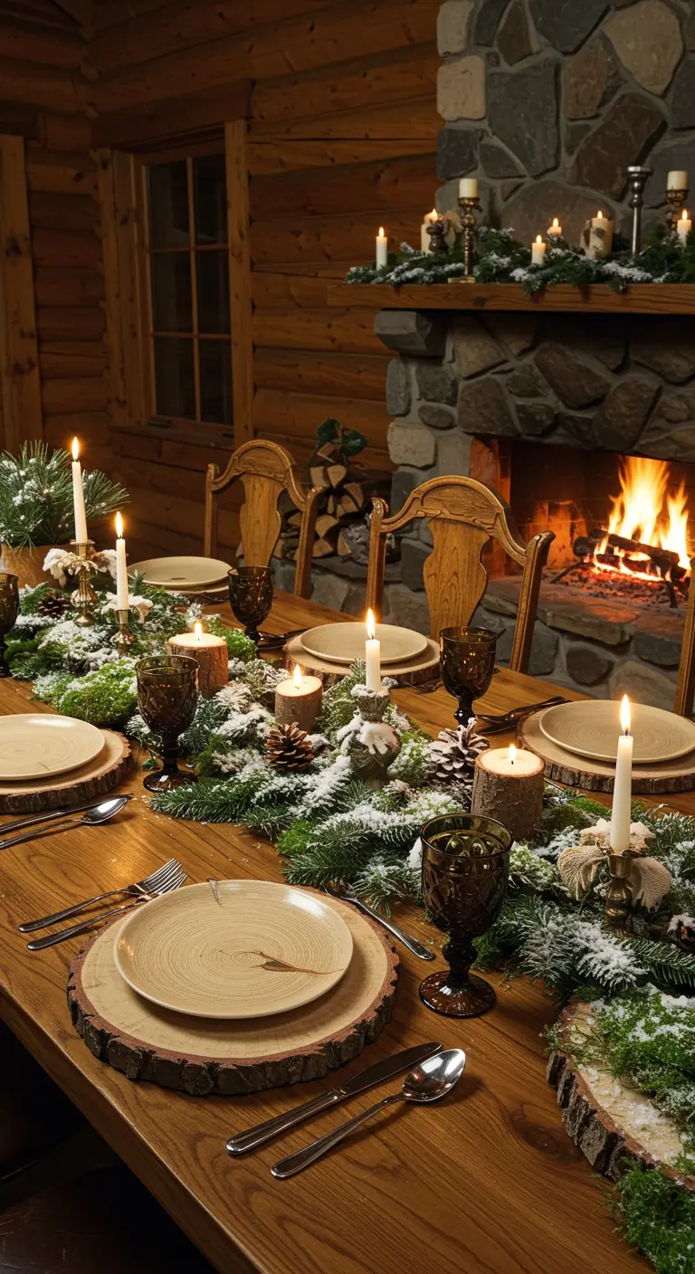 Table de Noël rustique devant une cheminée, avec rondins de bois et chemin de table en sapin.