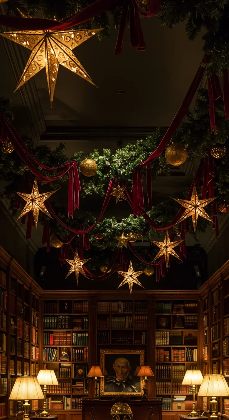 Étoiles dorées et rubans de velours suspendus dans une bibliothèque chic.