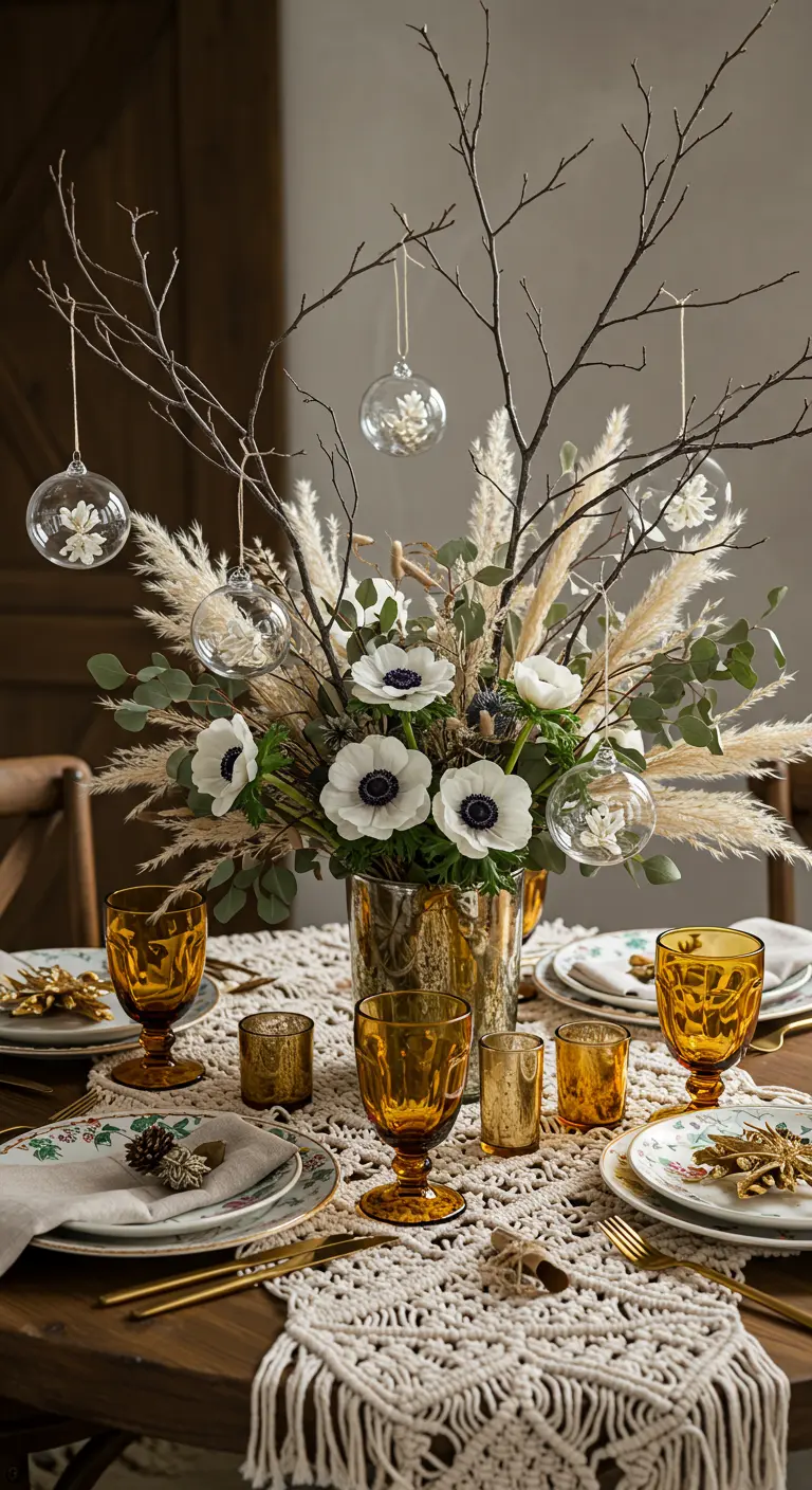 Bouquet d'anémones blanches et pampa avec branches et boules de verre suspendues.