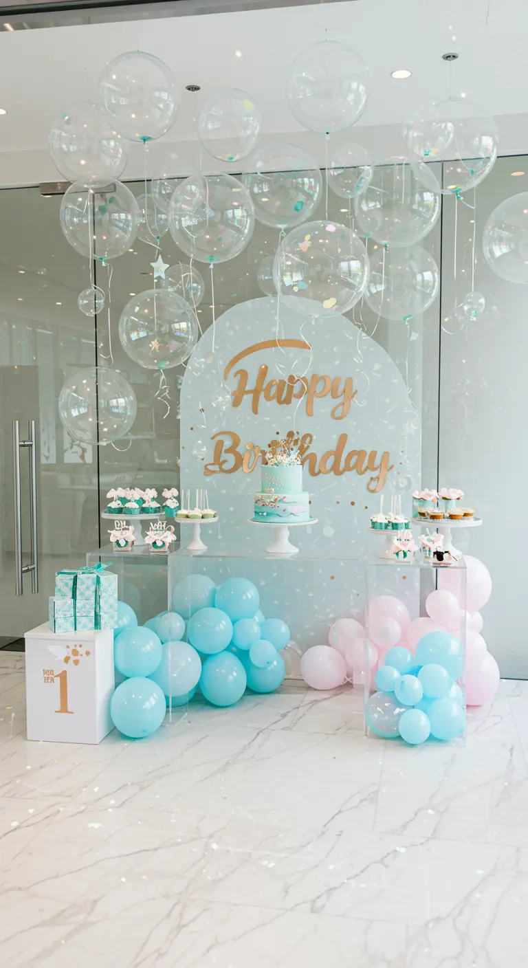 Nuage de ballons transparents au-dessus d'un buffet d'anniversaire bleu et rose pastel.
