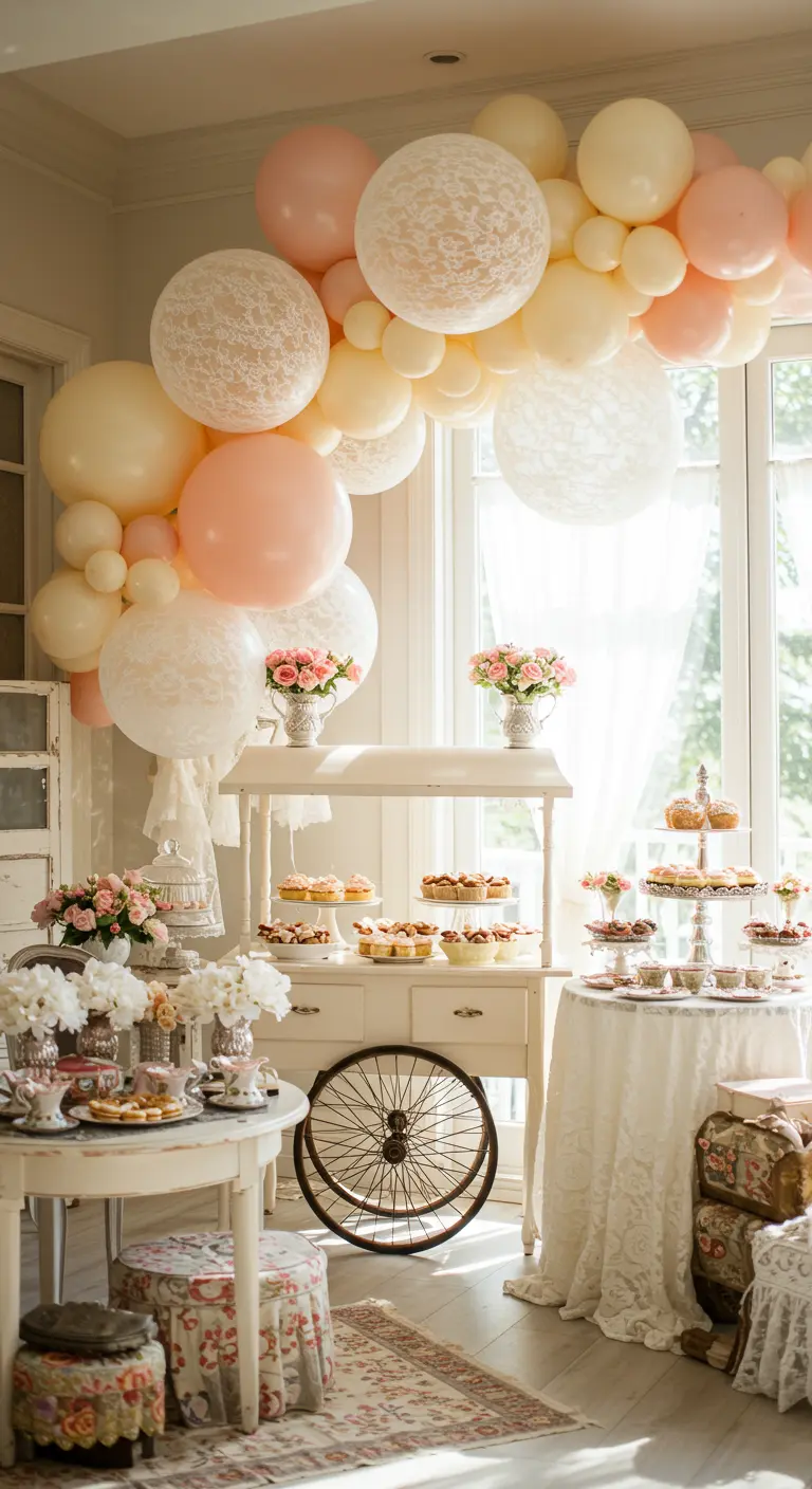 Arche de ballons pastel, certains recouverts de dentelle, pour un goûter vintage.