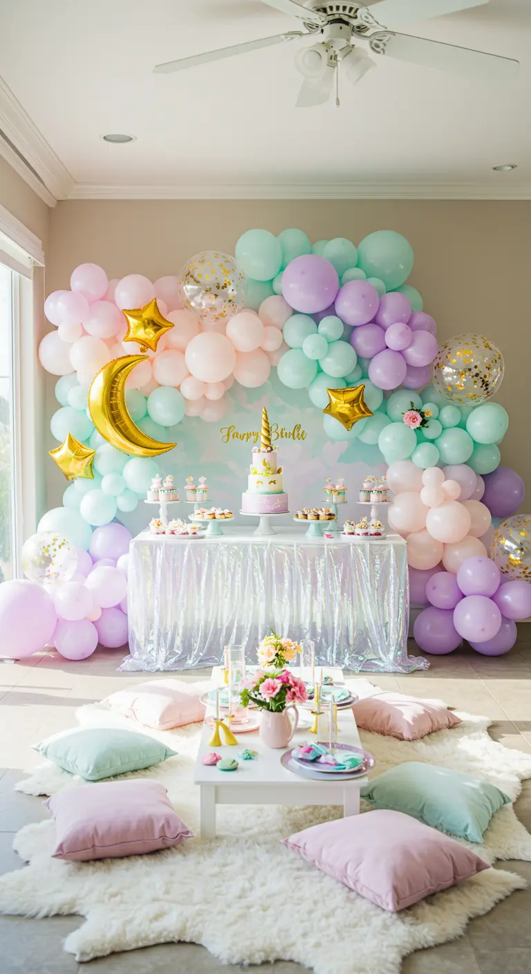 Mur de ballons pastel avec lune dorée pour un anniversaire licorne.