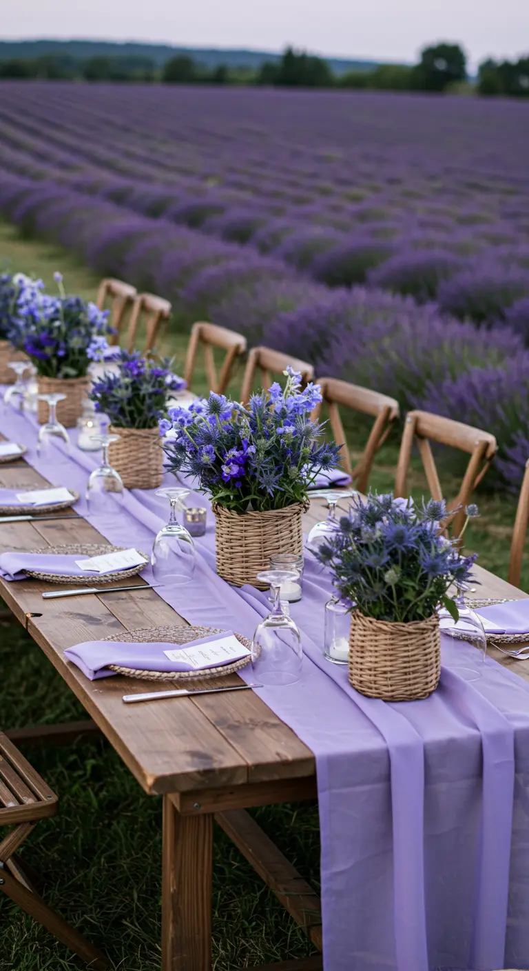 Table de mariage dans un champ de lavande, décorée de fleurs violettes.