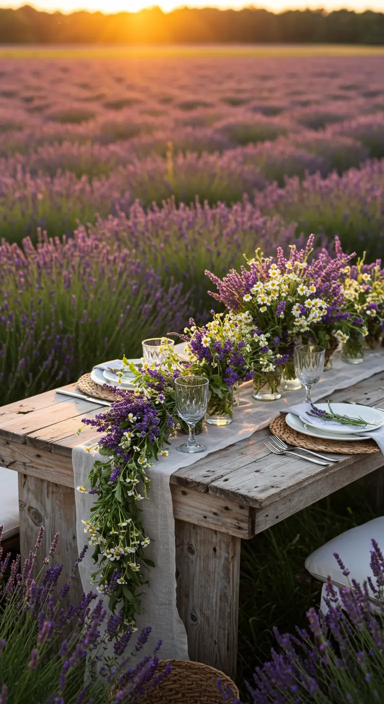 Table en bois dans un champ de lavande avec bouquets de fleurs.