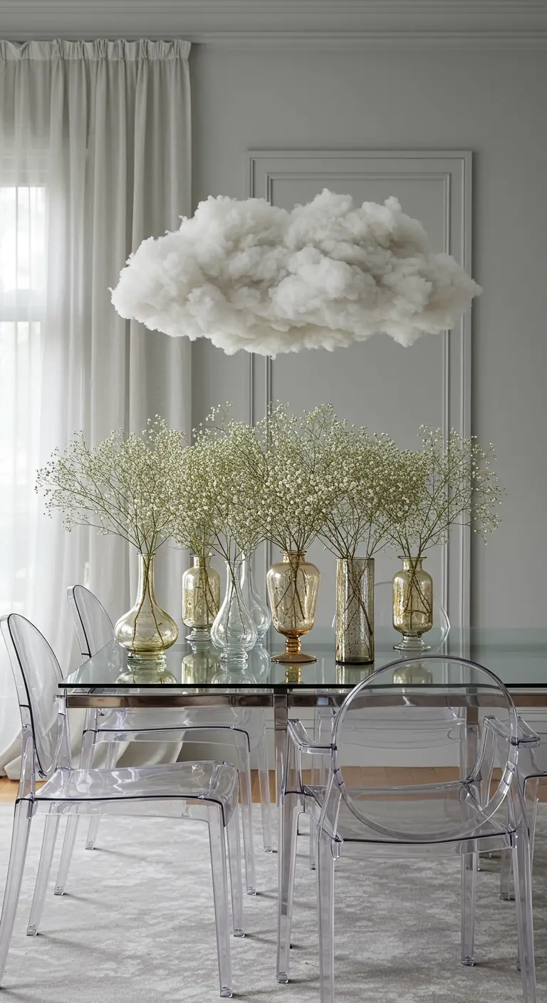 Centre de table avec du gypsophile dans des vases en verre sous un lustre en forme de nuage.