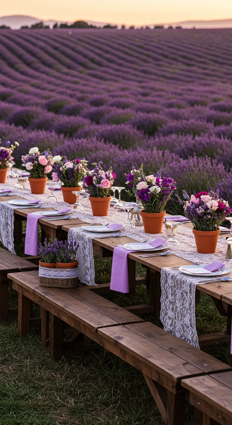 Table de réception dressée dans un champ de lavande au coucher du soleil.