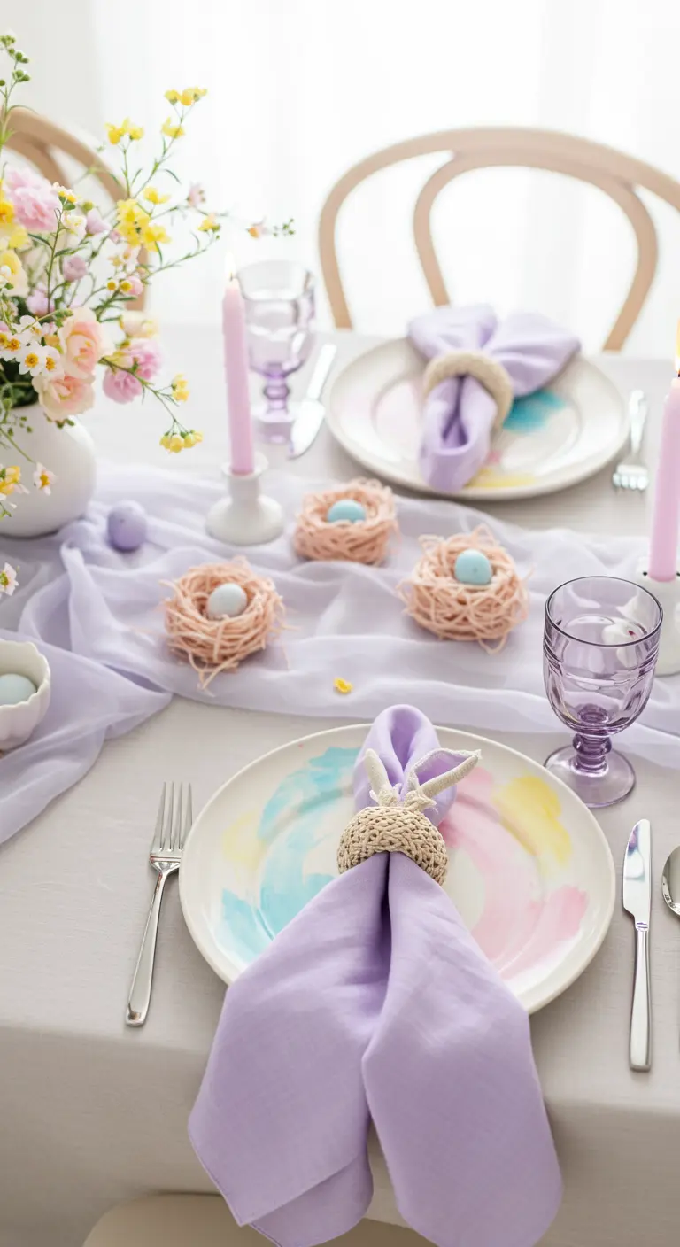 Table de Pâques dans les tons pastel lavande avec des assiettes effet aquarelle.