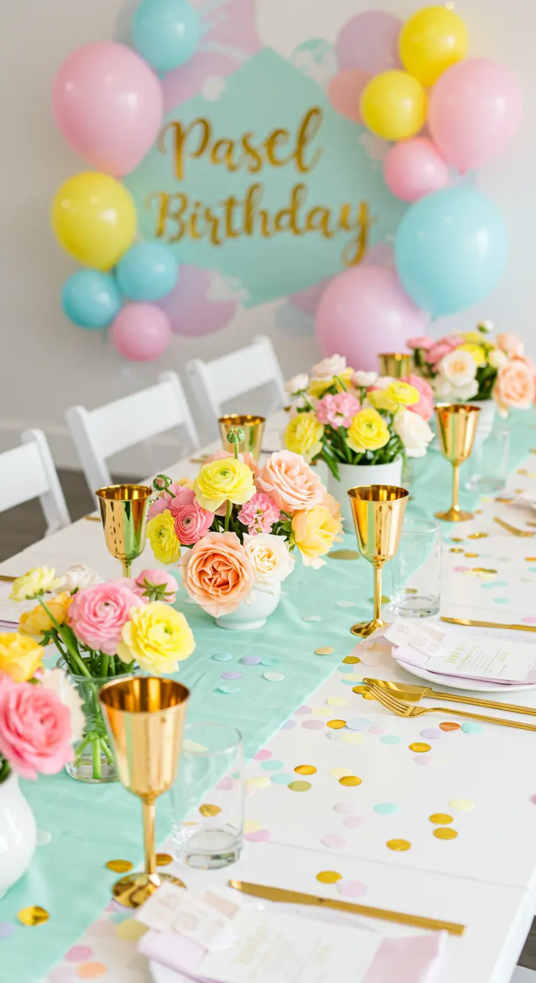 Table d'anniversaire pastel avec des fleurs colorées, des ballons et des gobelets dorés.