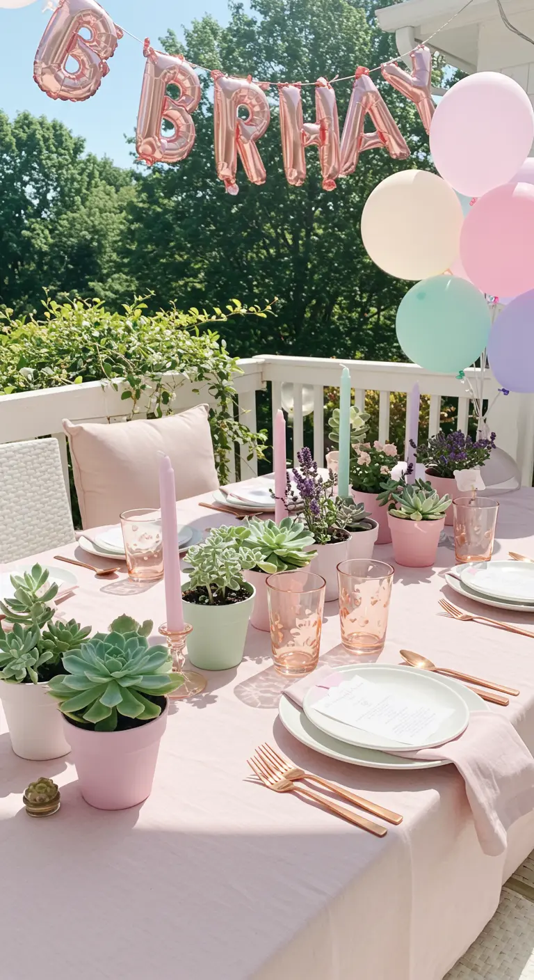 Table d'anniversaire en extérieur aux tons pastel avec des succulentes et des bougies colorées.